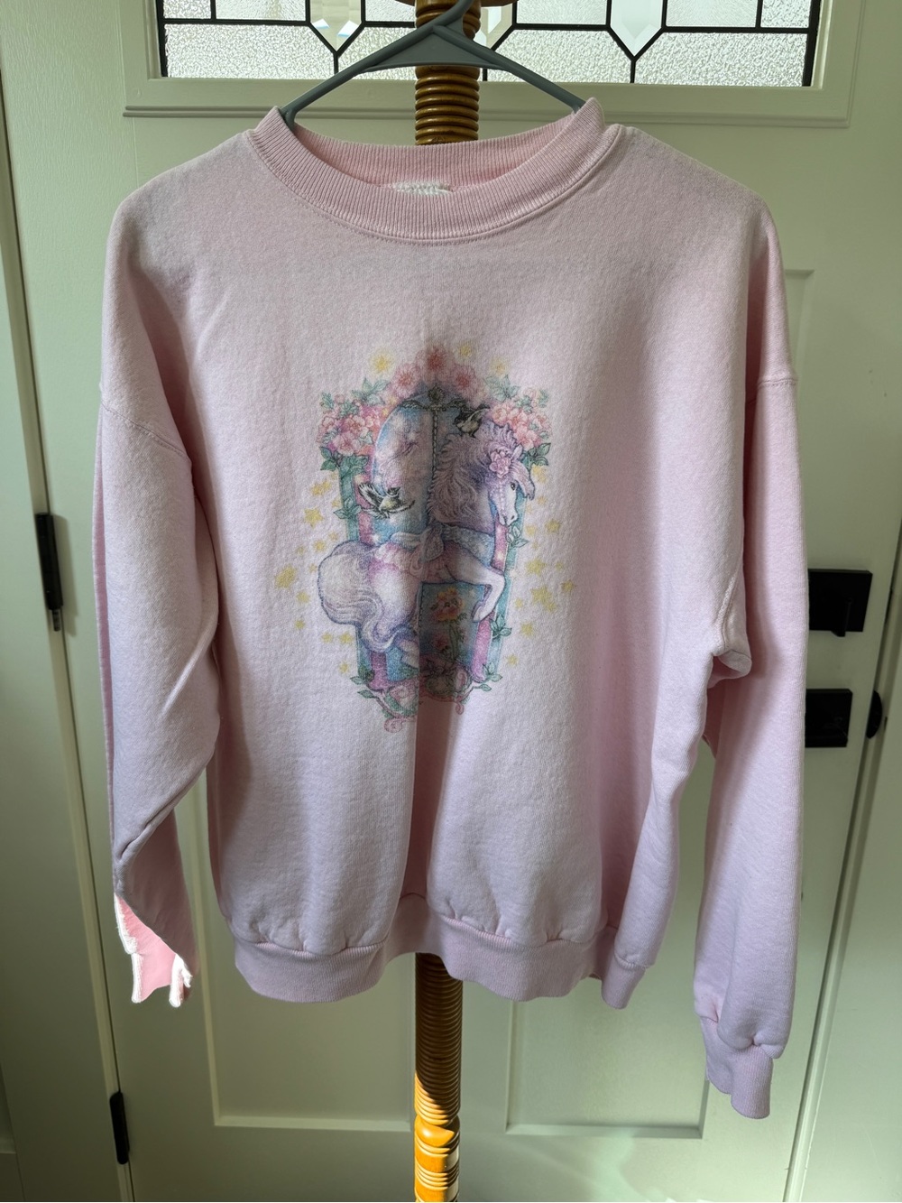 Vintage 1990’s-Women’s MediumPink Floral & Unicorn Graphic Crewneck Sweater
